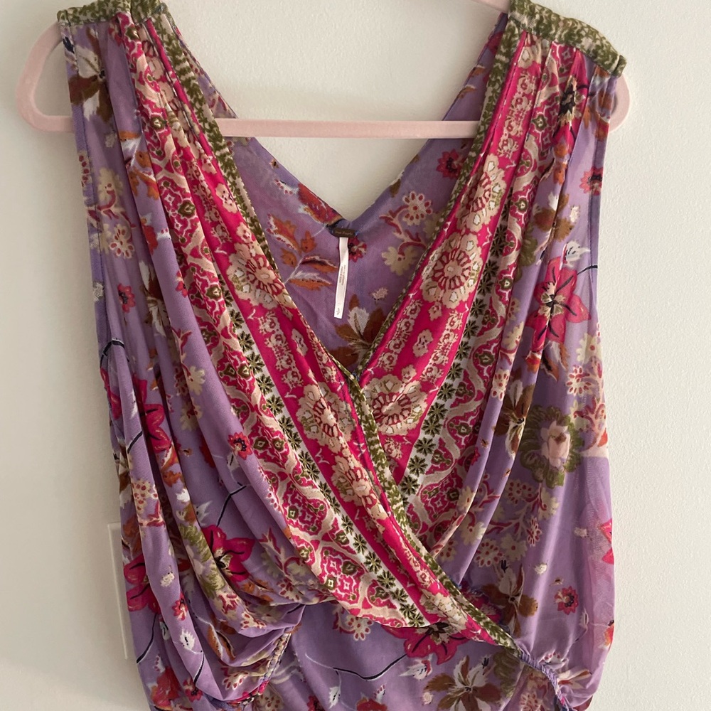 Free People Floral V-Neck Blouse - Purple and Pink